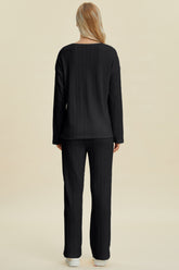 Double Take Full Size Cable-Knit Long Sleeve Top and Pants Set OutfitFlow